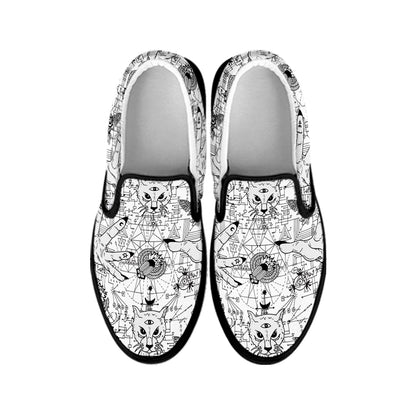 White And Black Wicca Magical Print Black Slip On Shoes
