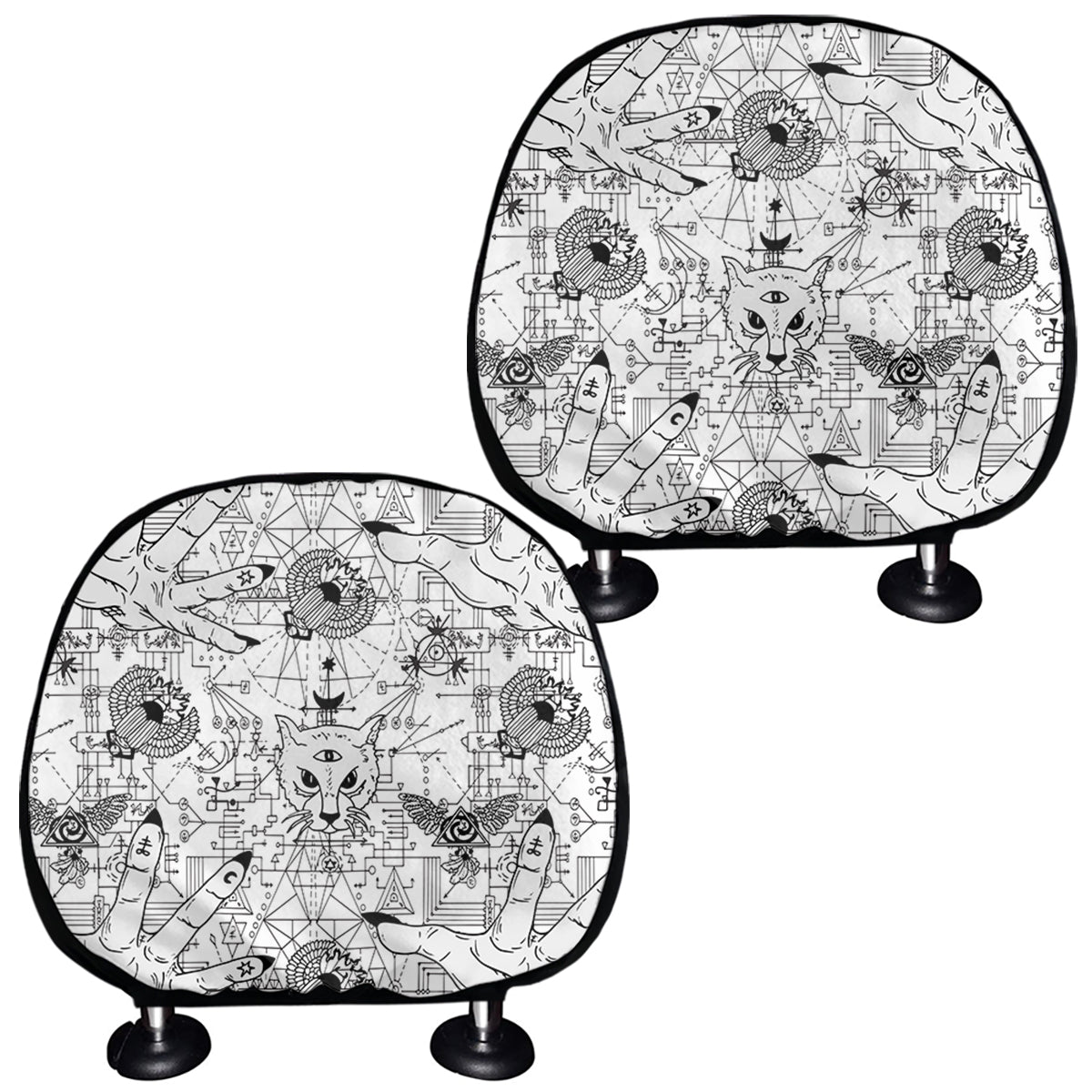White And Black Wicca Magical Print Car Headrest Covers