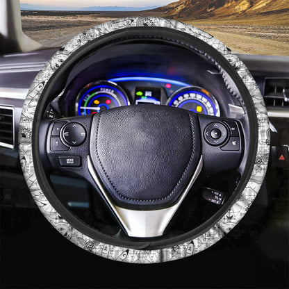 White And Black Wicca Magical Print Car Steering Wheel Cover