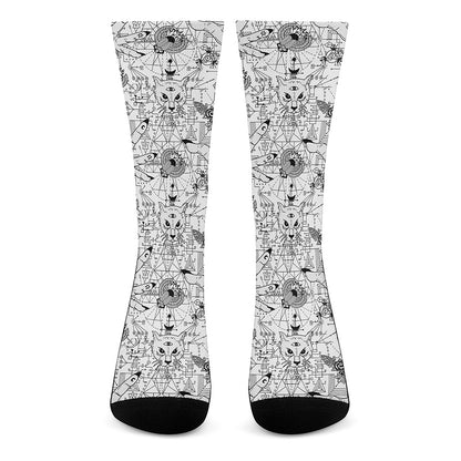 White And Black Wicca Magical Print Crew Socks