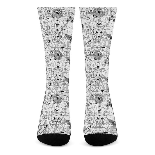 White And Black Wicca Magical Print Crew Socks