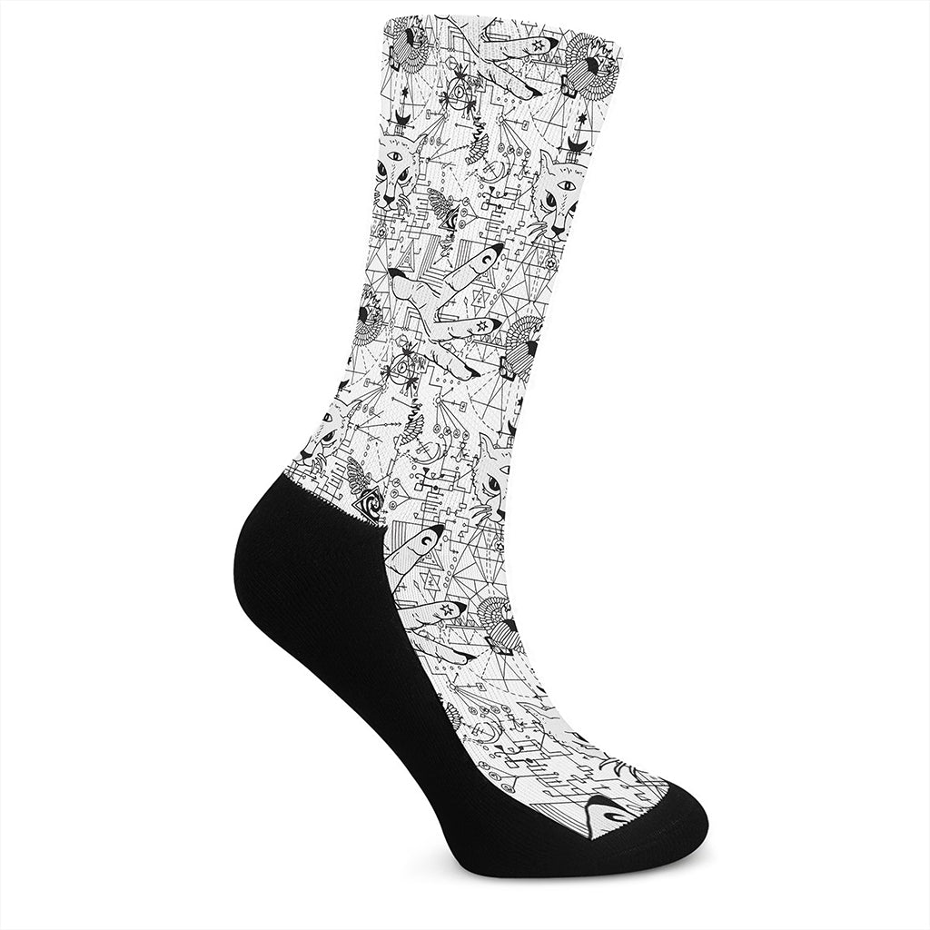 White And Black Wicca Magical Print Crew Socks