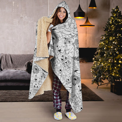 White And Black Wicca Magical Print Hooded Blanket