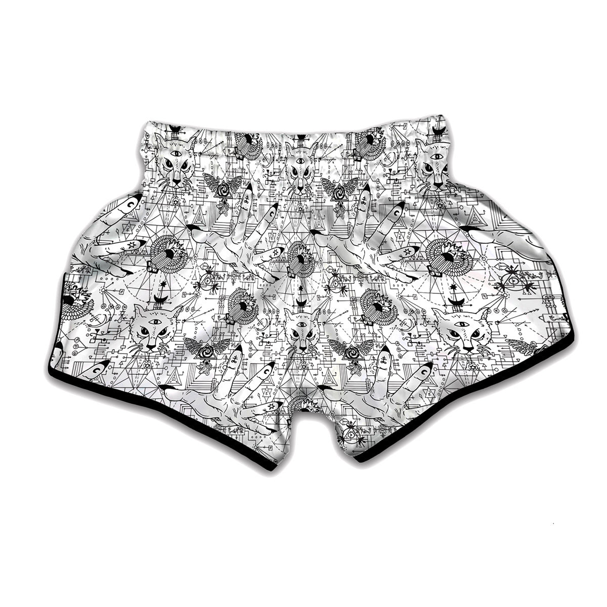 White And Black Wicca Magical Print Muay Thai Boxing Shorts