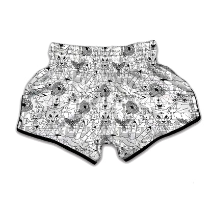 White And Black Wicca Magical Print Muay Thai Boxing Shorts