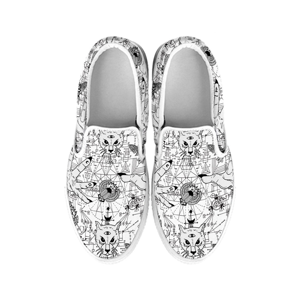 White And Black Wicca Magical Print White Slip On Shoes