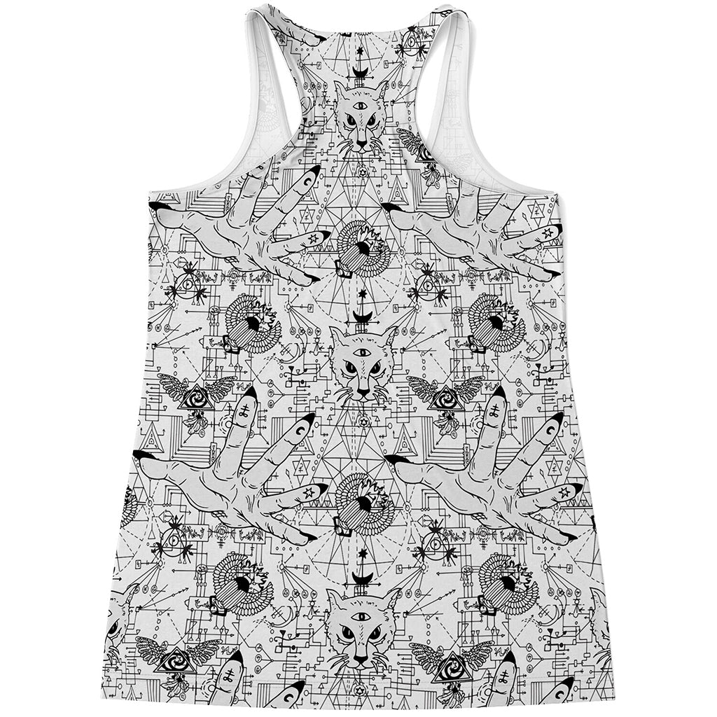 White And Black Wicca Magical Print Women's Racerback Tank Top