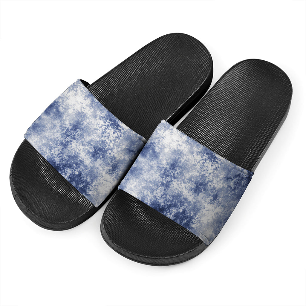 White And Blue Acid Wash Tie Dye Print Black Slide Sandals