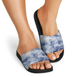 White And Blue Acid Wash Tie Dye Print Black Slide Sandals