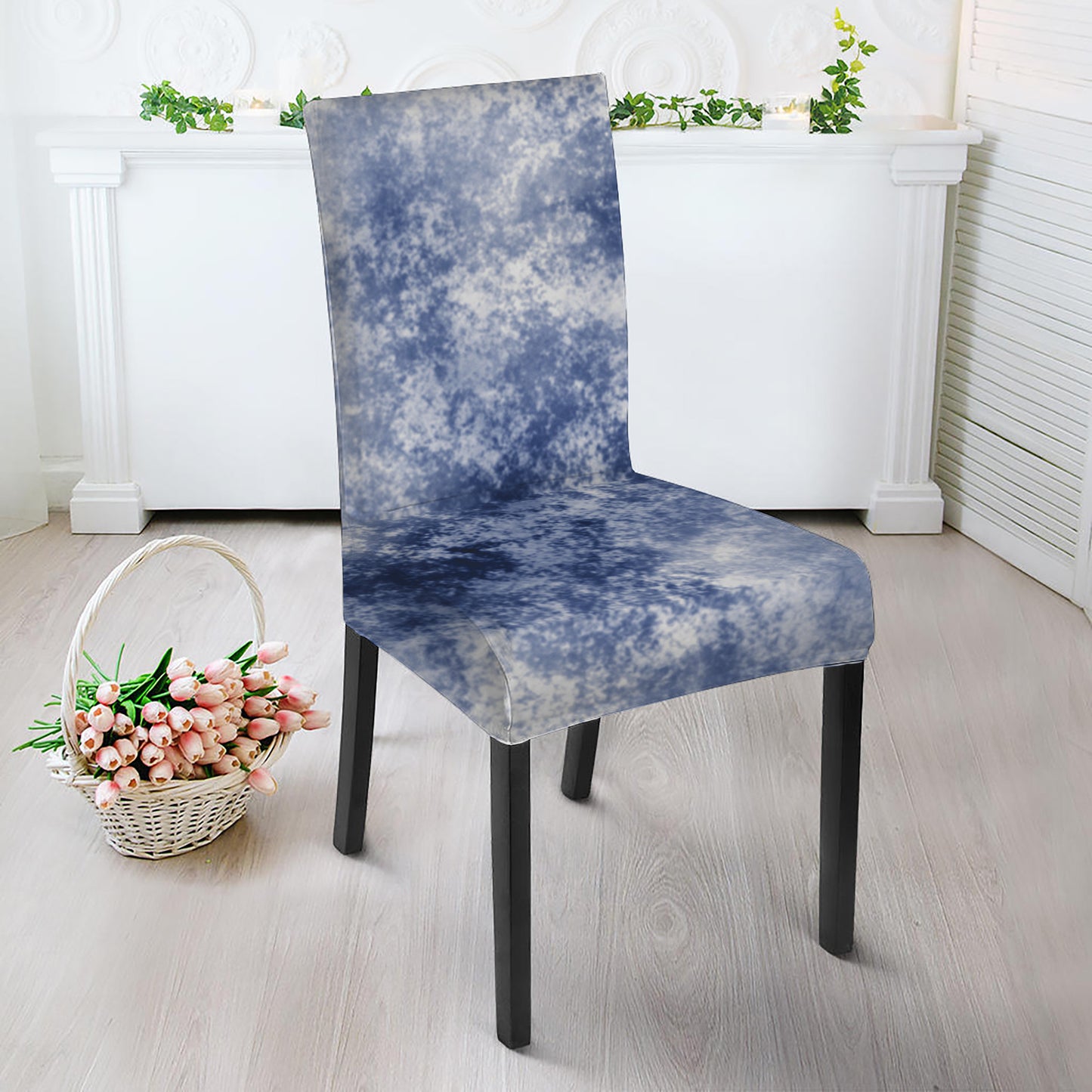 White And Blue Acid Wash Tie Dye Print Dining Chair Slipcover