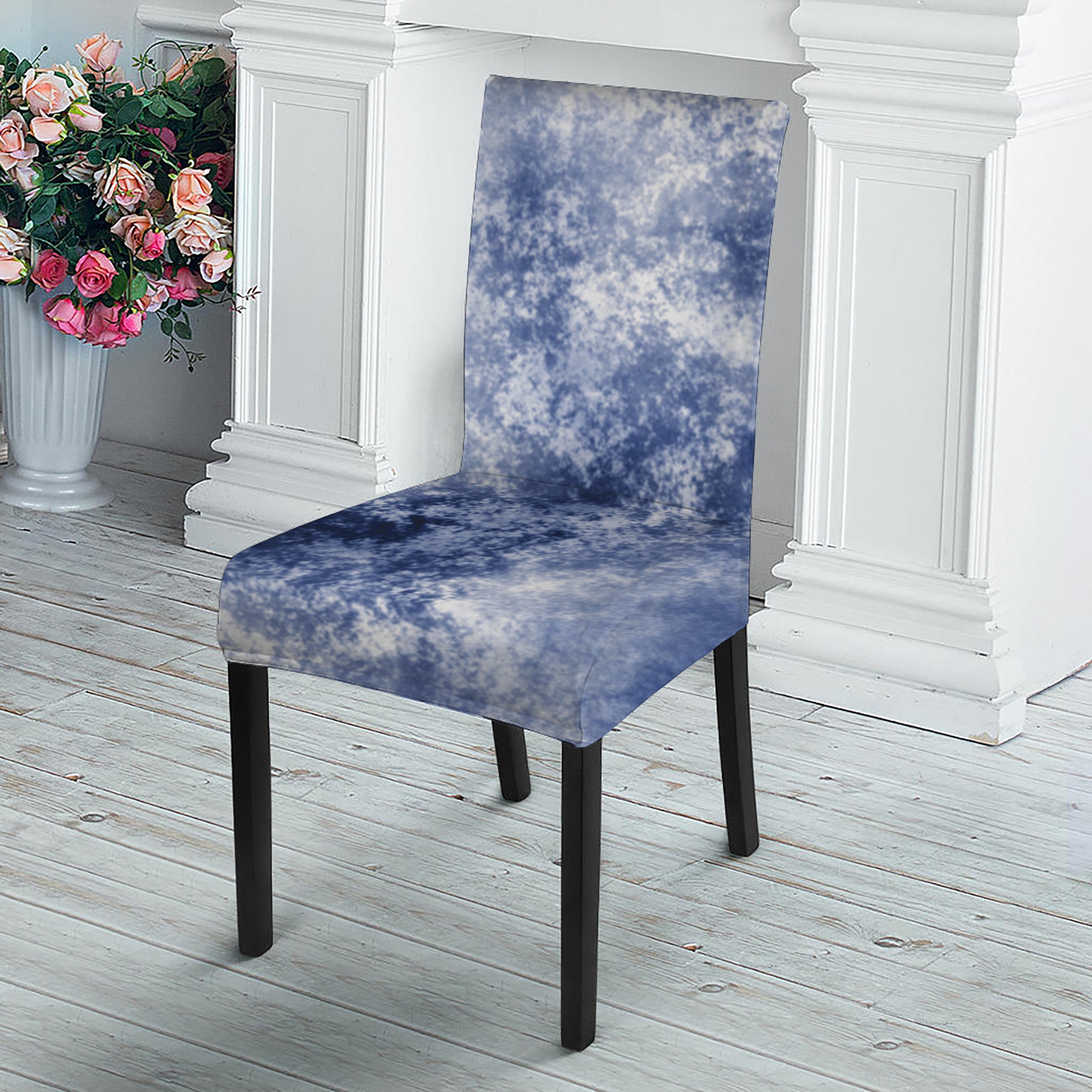 White And Blue Acid Wash Tie Dye Print Dining Chair Slipcover