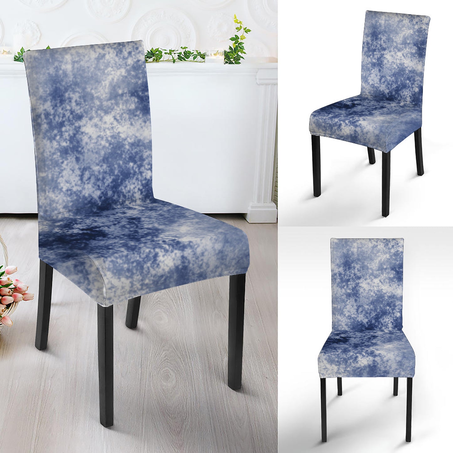 White And Blue Acid Wash Tie Dye Print Dining Chair Slipcover