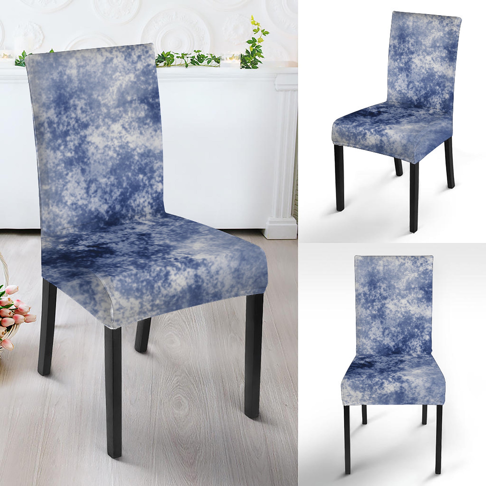 White And Blue Acid Wash Tie Dye Print Dining Chair Slipcover