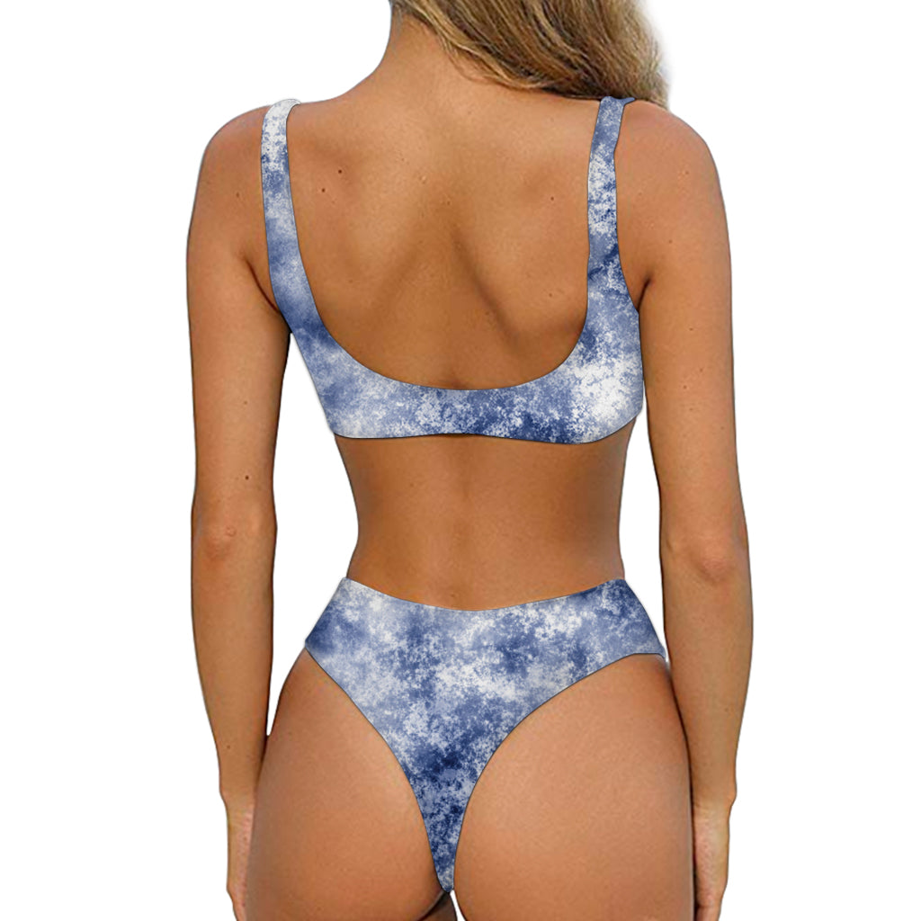 White And Blue Acid Wash Tie Dye Print Front Bow Tie Bikini