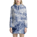 White And Blue Acid Wash Tie Dye Print Pullover Hoodie Dress