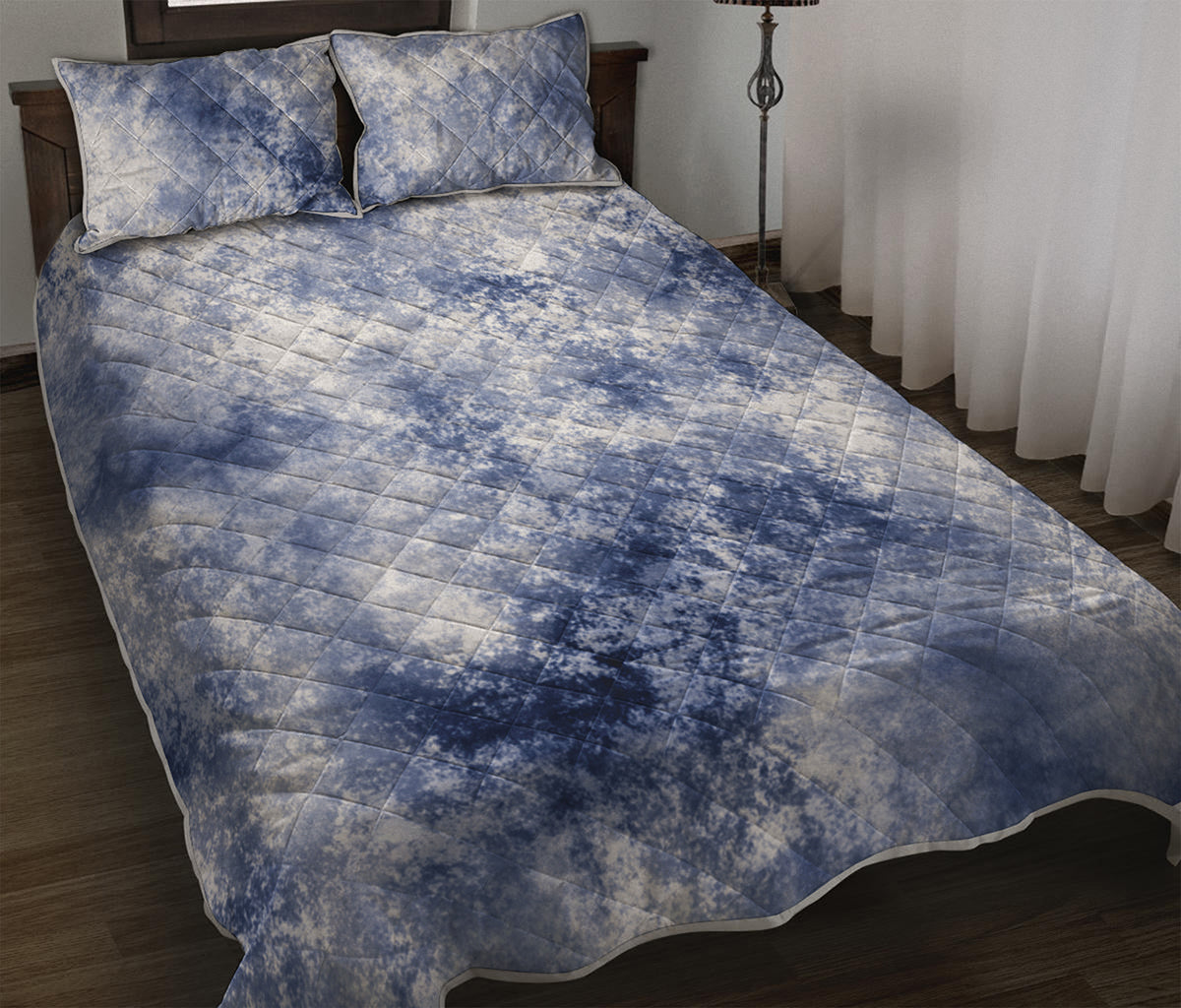 White And Blue Acid Wash Tie Dye Print Quilt Bed Set