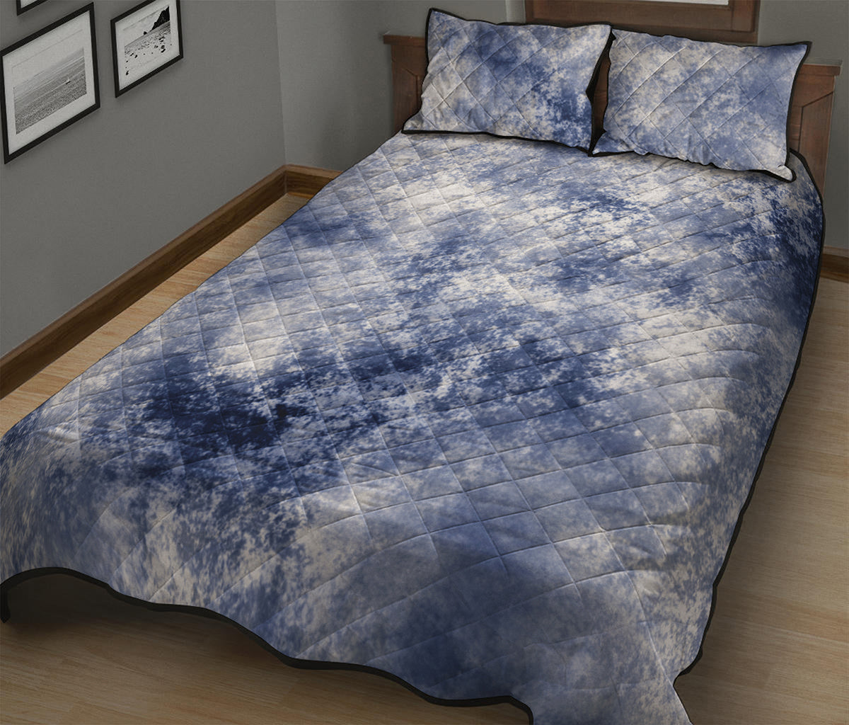 White And Blue Acid Wash Tie Dye Print Quilt Bed Set