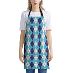 White And Blue Argyle Pattern Print Apron