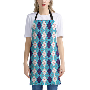 White And Blue Argyle Pattern Print Apron