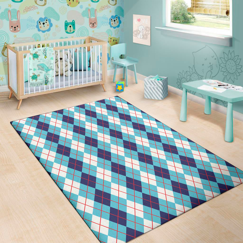 White And Blue Argyle Pattern Print Area Rug