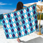 White And Blue Argyle Pattern Print Beach Sarong Wrap