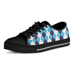 White And Blue Argyle Pattern Print Black Low Top Shoes