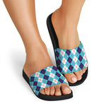 White And Blue Argyle Pattern Print Black Slide Sandals