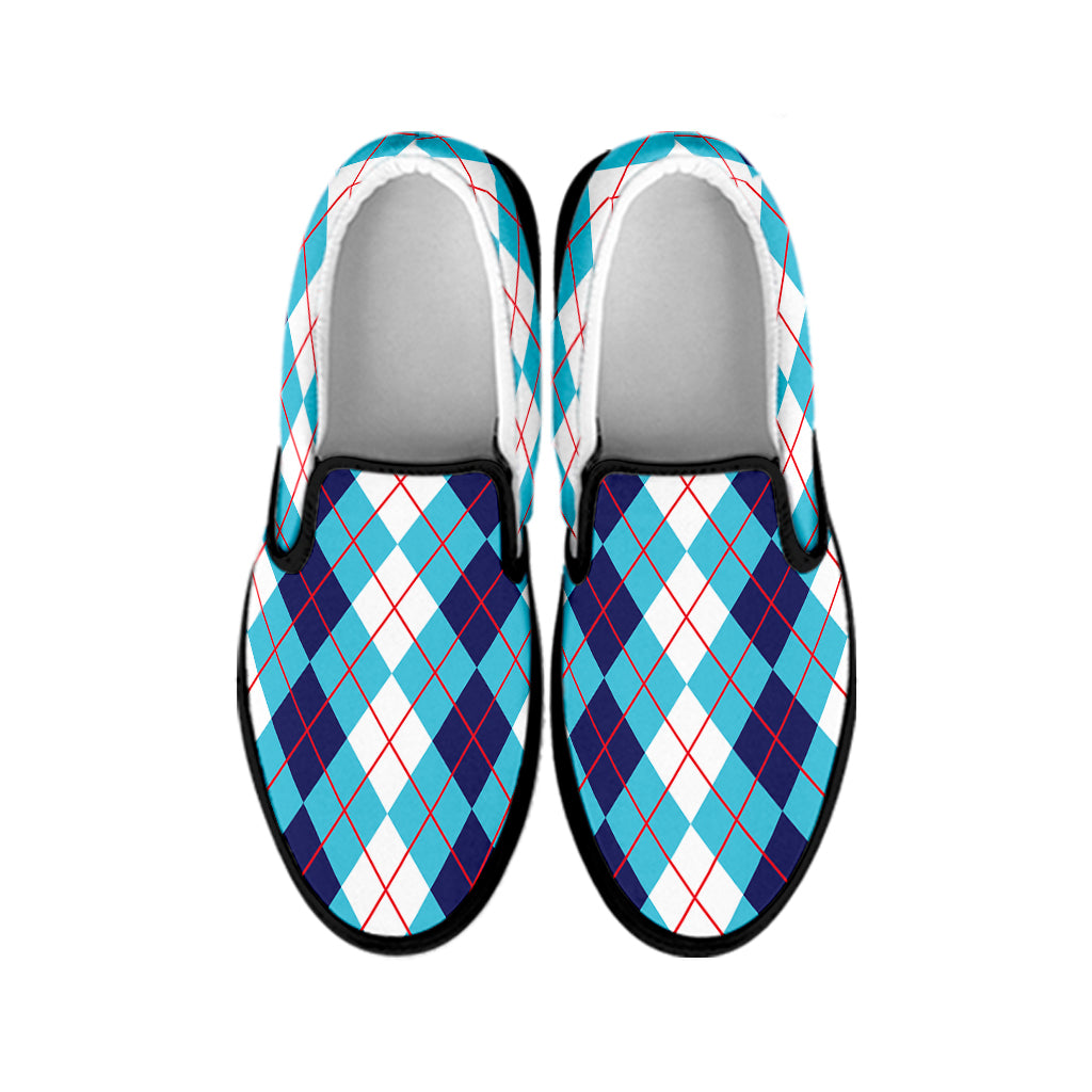 White And Blue Argyle Pattern Print Black Slip On Shoes