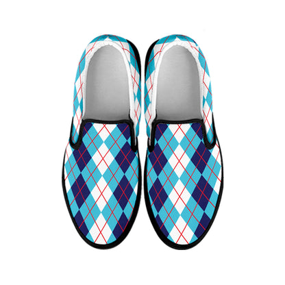 White And Blue Argyle Pattern Print Black Slip On Shoes