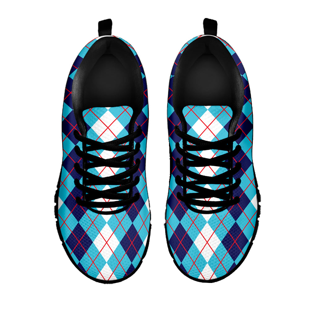 White And Blue Argyle Pattern Print Black Sneakers
