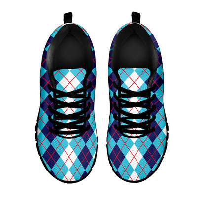 White And Blue Argyle Pattern Print Black Sneakers