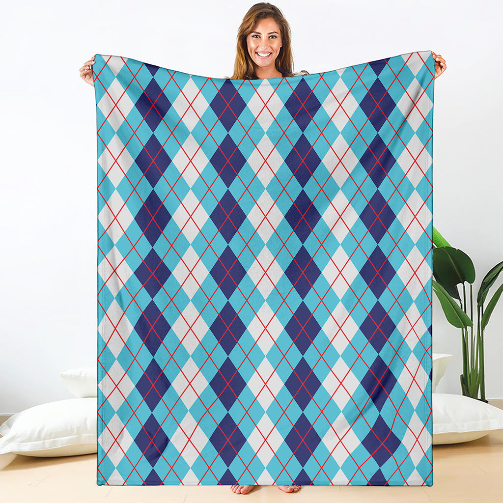 White And Blue Argyle Pattern Print Blanket