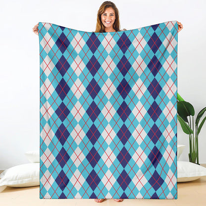 White And Blue Argyle Pattern Print Blanket