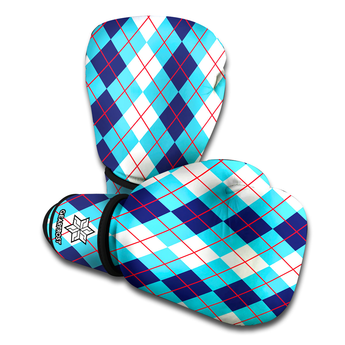 White And Blue Argyle Pattern Print Boxing Gloves