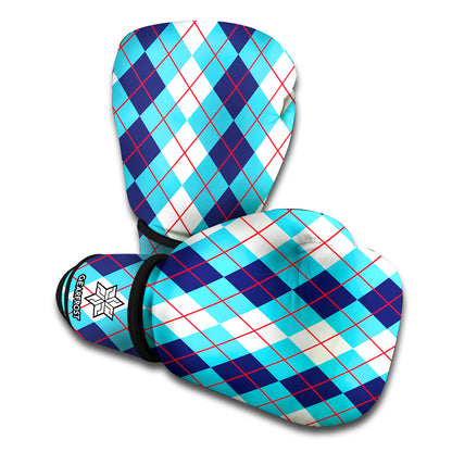 White And Blue Argyle Pattern Print Boxing Gloves