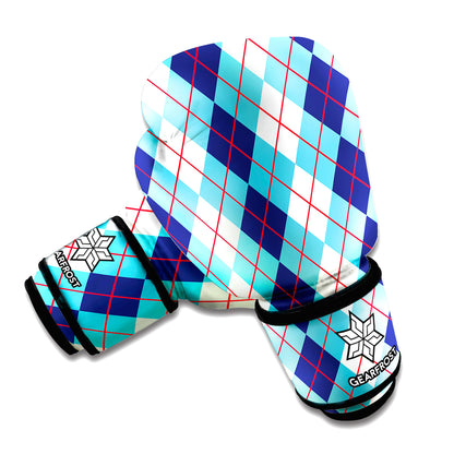 White And Blue Argyle Pattern Print Boxing Gloves