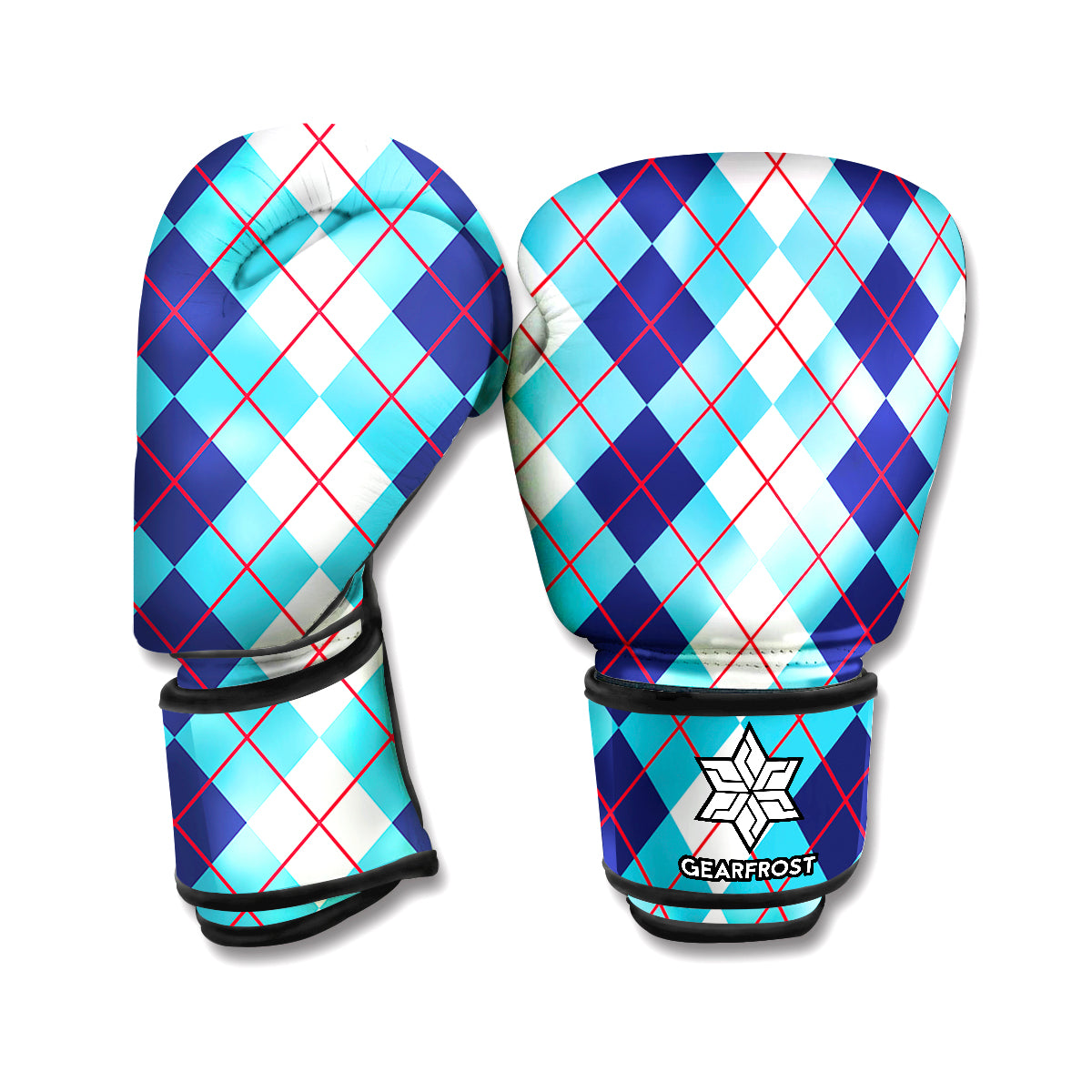 White And Blue Argyle Pattern Print Boxing Gloves