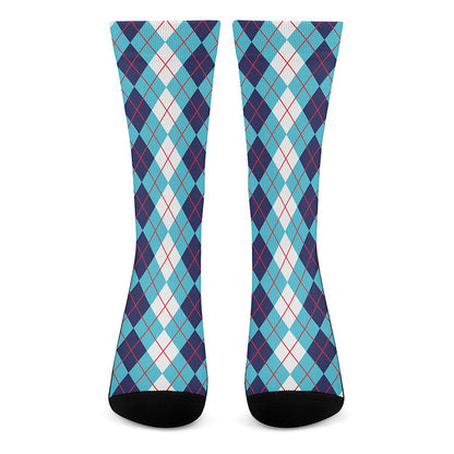 White And Blue Argyle Pattern Print Crew Socks