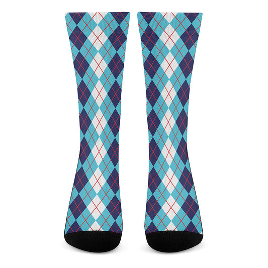 White And Blue Argyle Pattern Print Crew Socks