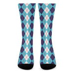 White And Blue Argyle Pattern Print Crew Socks