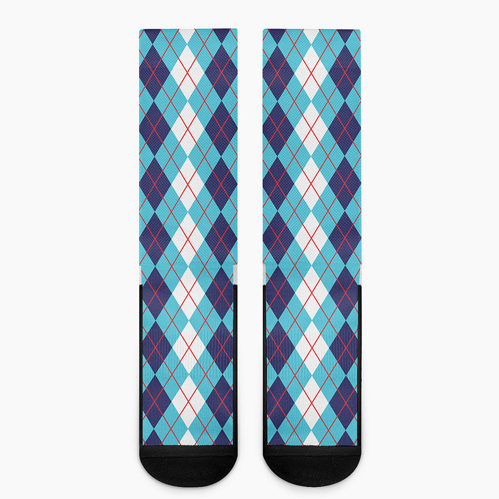 White And Blue Argyle Pattern Print Crew Socks