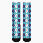 White And Blue Argyle Pattern Print Crew Socks