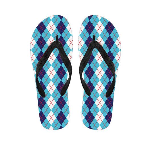 White And Blue Argyle Pattern Print Flip Flops