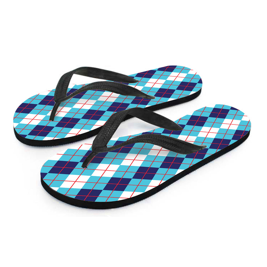 White And Blue Argyle Pattern Print Flip Flops