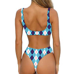 White And Blue Argyle Pattern Print Front Bow Tie Bikini