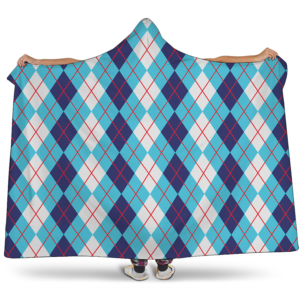 White And Blue Argyle Pattern Print Hooded Blanket