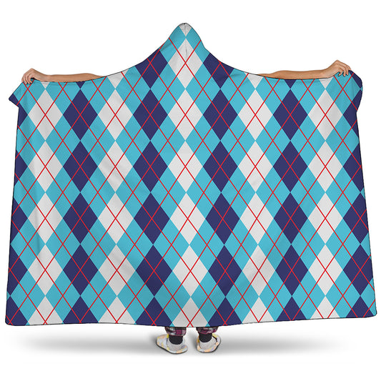 White And Blue Argyle Pattern Print Hooded Blanket