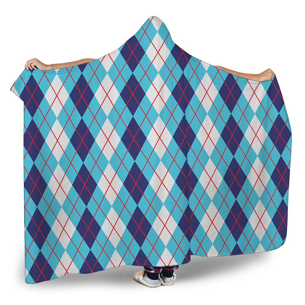 White And Blue Argyle Pattern Print Hooded Blanket