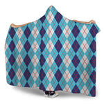 White And Blue Argyle Pattern Print Hooded Blanket