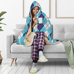 White And Blue Argyle Pattern Print Hooded Blanket